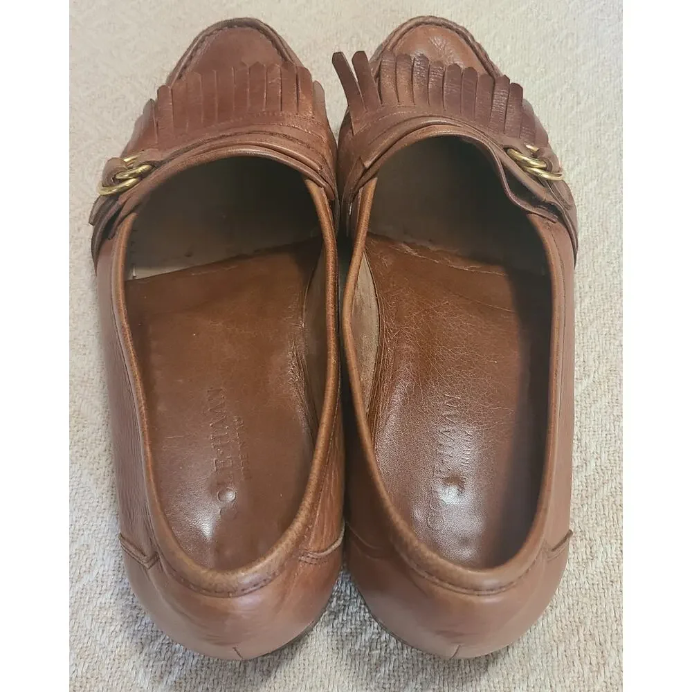 Cole Haan Tan Leather Kiltie Loafers with Gold Buckle Detail